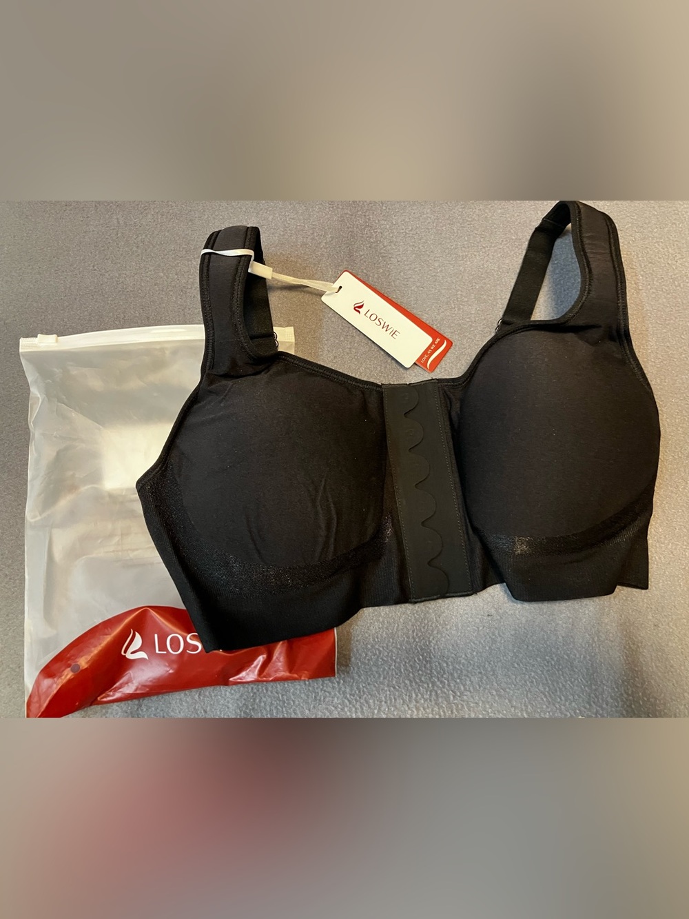NWT LoSWE Seamless Support Black Wireless Recovery Front Close Bra XL